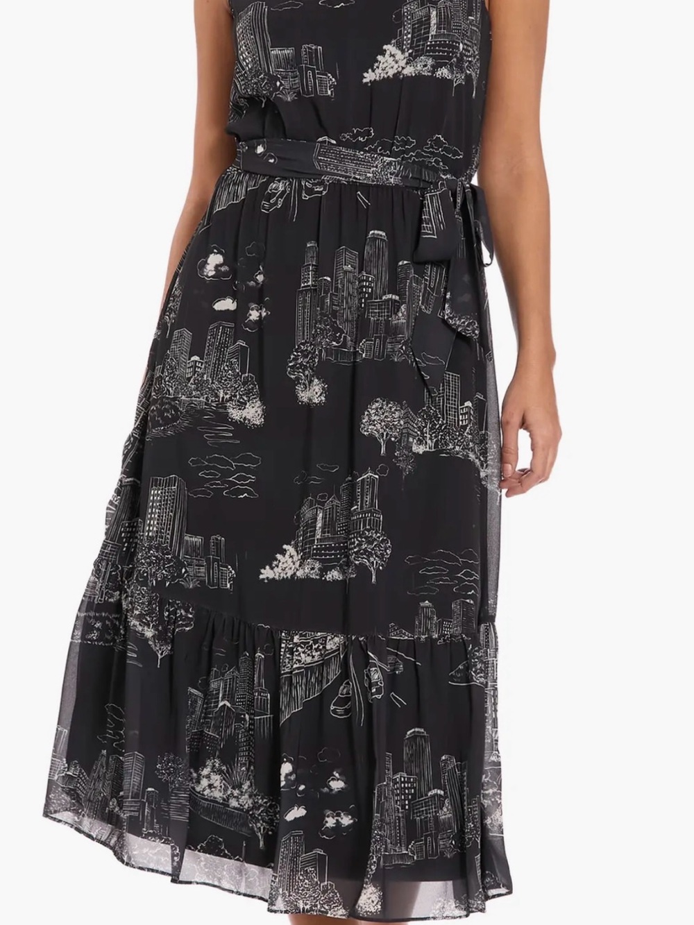 London Times Black Midi Skirt with Cityscape Print and Waist Tie